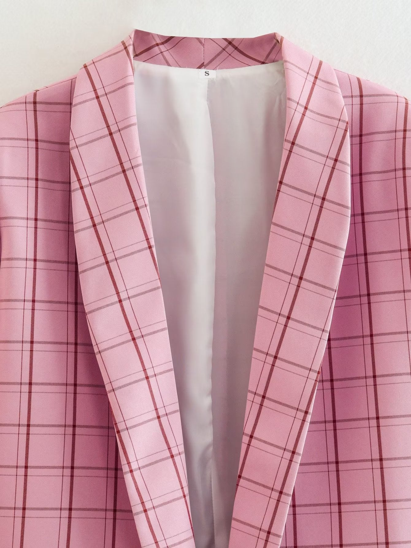 Ropa de mujer de otoño Blazer a cuadros rosa con mangas de nueve cuartos