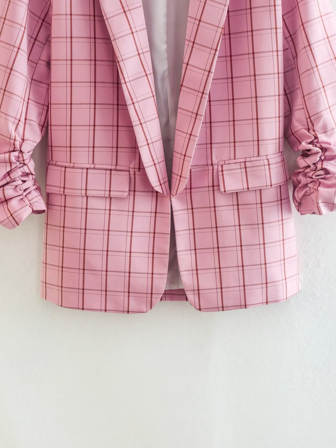 Ropa de mujer de otoño Blazer a cuadros rosa con mangas de nueve cuartos