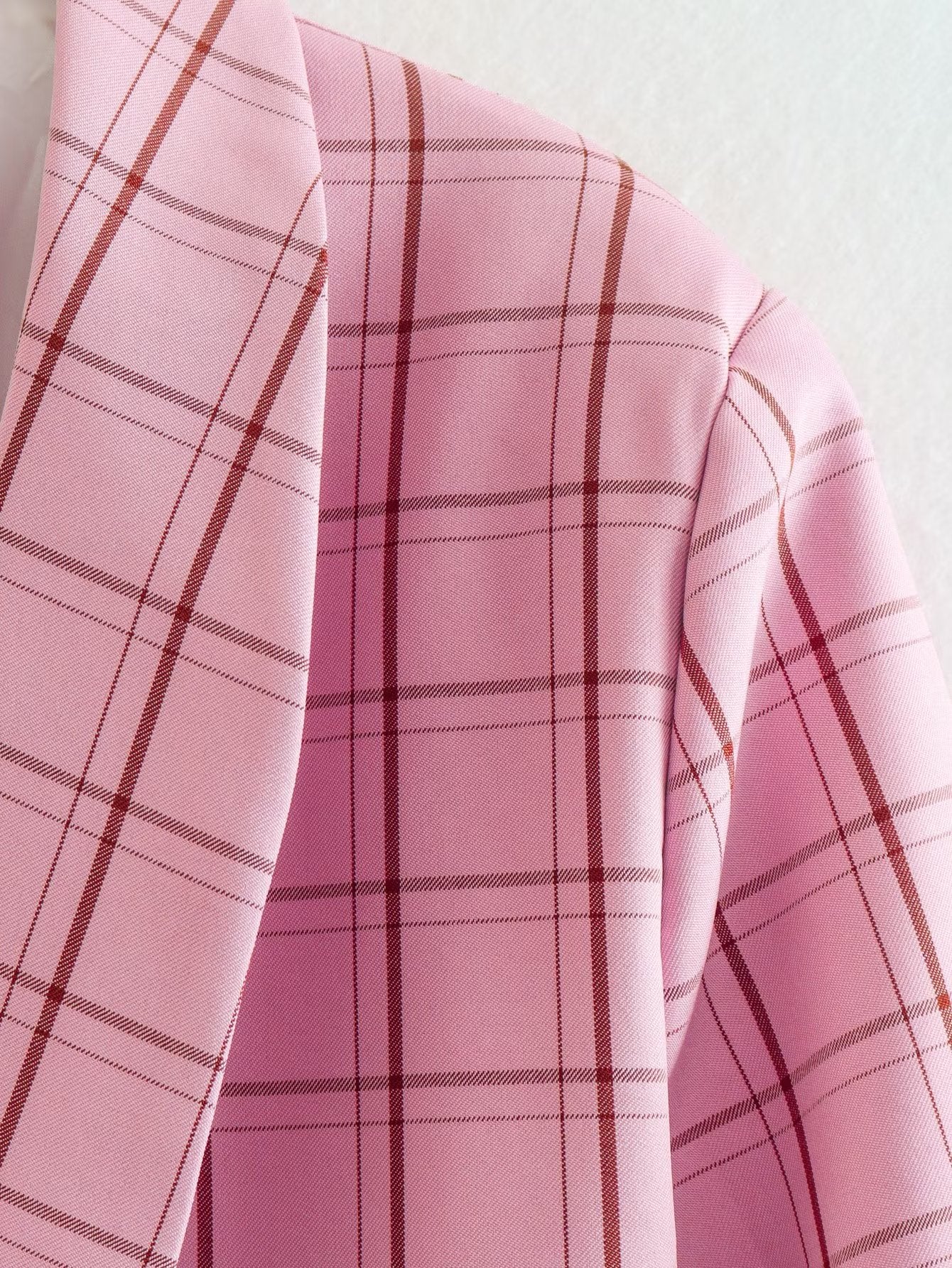 Ropa de mujer de otoño Blazer a cuadros rosa con mangas de nueve cuartos