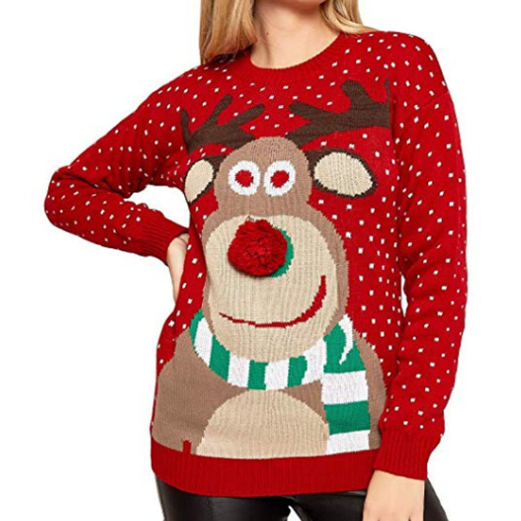 Autumn Winter Casual Red Christmas Sweater Women Round Neck Loose Sticky Fur Ball Deer Pullover Sweater