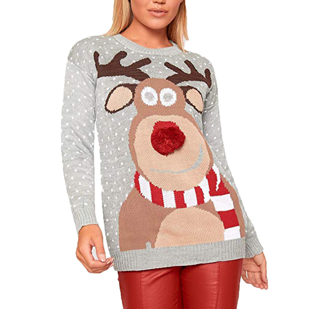 Autumn Winter Casual Red Christmas Sweater Women Round Neck Loose Sticky Fur Ball Deer Pullover Sweater