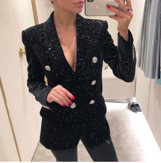 Printemps automne Blazer étoilé paillettes argent boucle taille serré velours petit Blazer pour les femmes