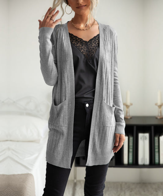 Women Wear Fall Gray Long Sleeve Bedford Cord Sweater Cardigan Long