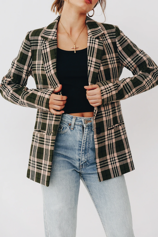 Fall Olive Green Plaid Padded Shoulder Collared Loose Blazer Elegant Casual Plaid Top