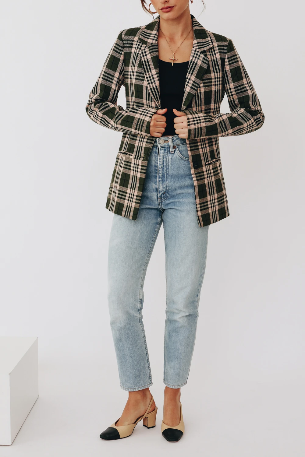 Fall Olive Green Plaid Padded Shoulder Collared Loose Blazer Elegant Casual Plaid Top