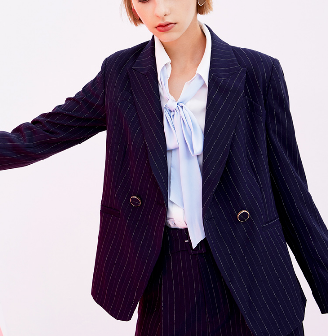 Vêtements pour femmes Printemps Automne Col Deux Boutons Blazer Rayé Femmes