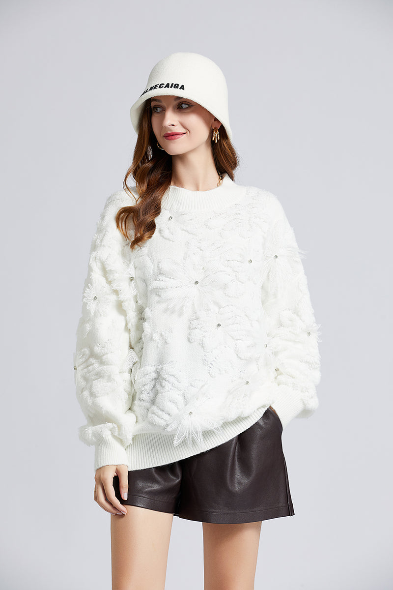 Femmes nouveau automne hiver réduction de l'âge Style étranger frit rue flocon de neige broderie perles paresseux vent pull flocon de neige velours pull