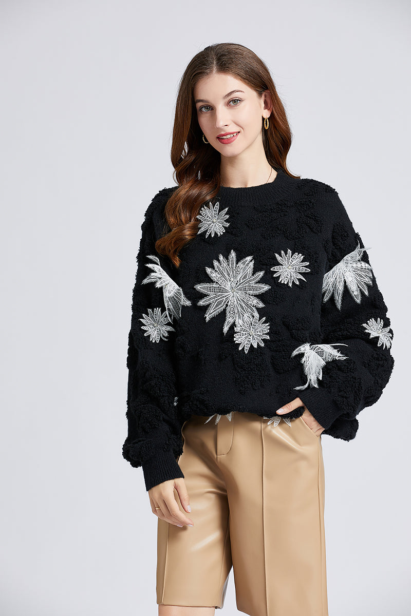 Femmes nouveau automne hiver réduction de l'âge Style étranger frit rue flocon de neige broderie perles paresseux vent pull flocon de neige velours pull