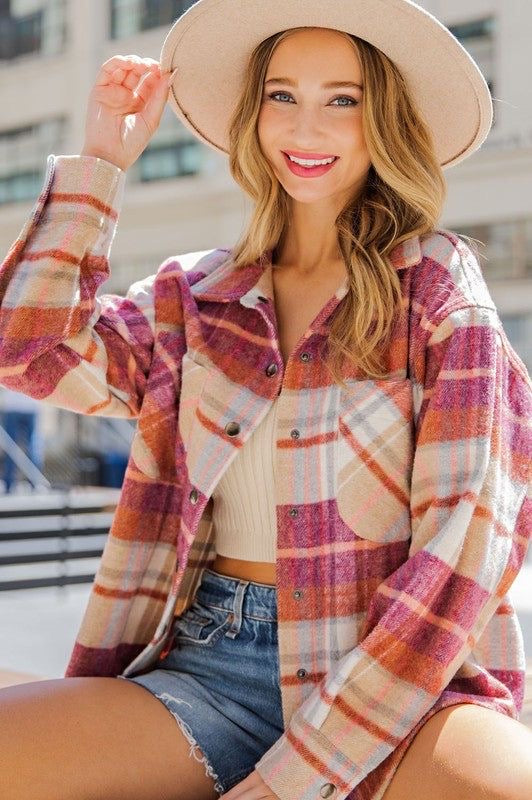 Women Clothing Autumn Winter Plaid Coat Casual Loose Lapels Woolen Coat