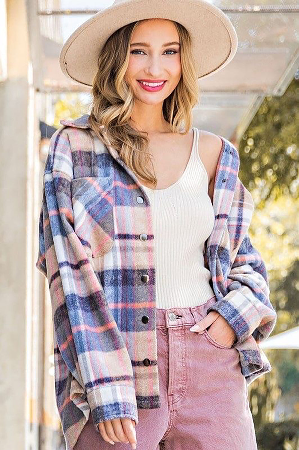 Women Clothing Autumn Winter Plaid Coat Casual Loose Lapels Woolen Coat