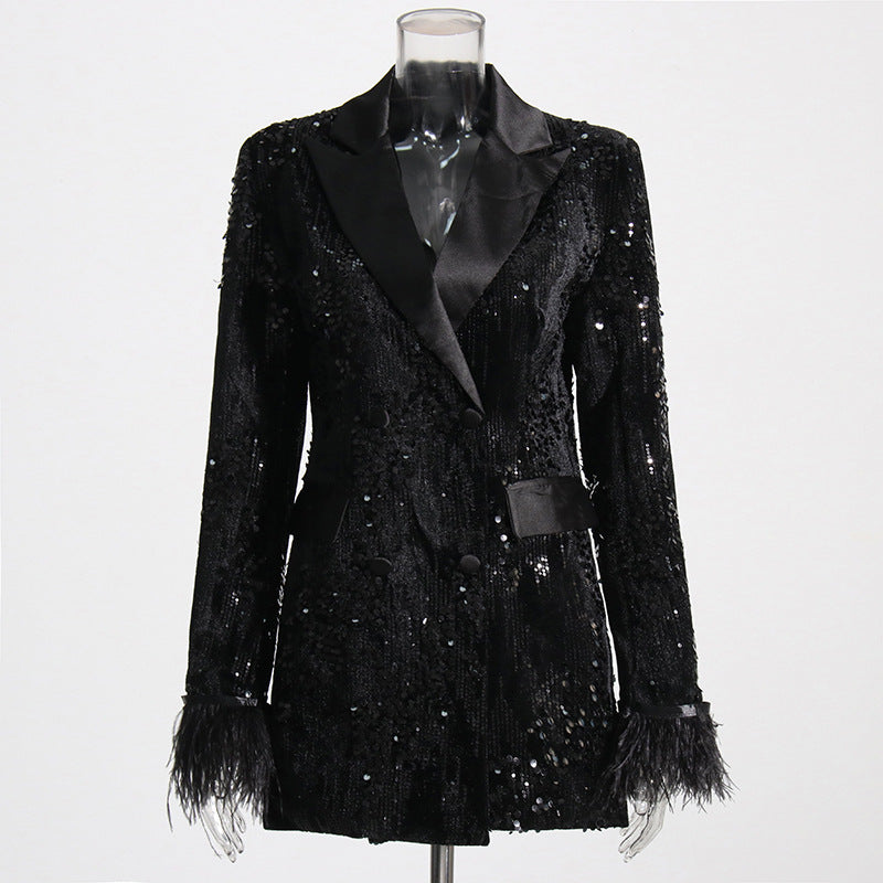 Automne Socialite abordable luxe paillettes Blazer coupe ajustée manchette fourrure couture petit Blazer