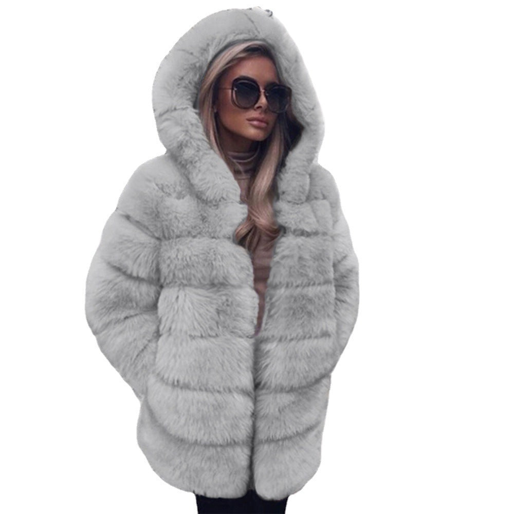 Automne hiver femmes mi-longueur chapeau fausse fourrure manteau haut femmes en peluche manteau chaud