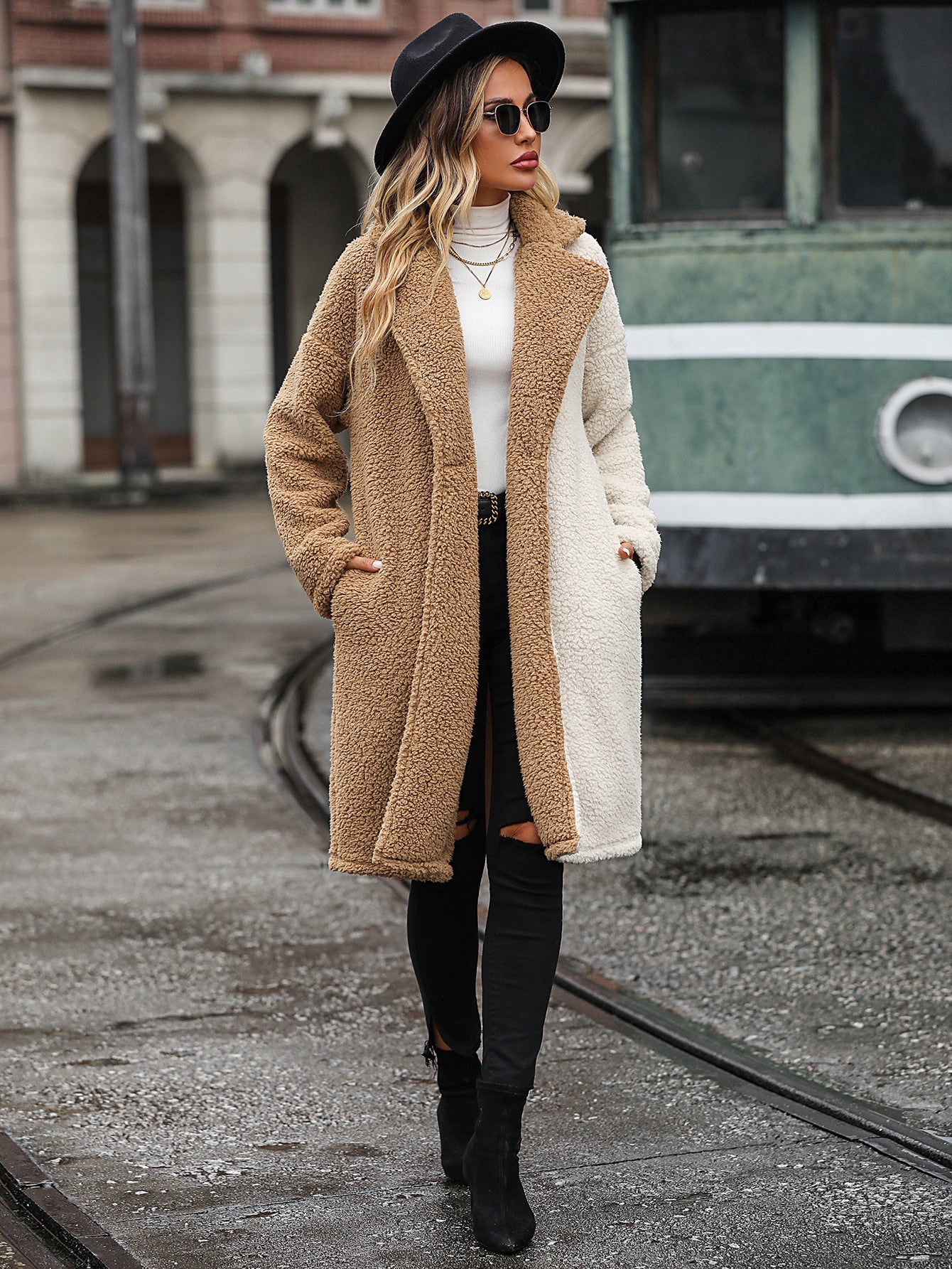 Chaqueta de mujer de otoño e invierno con cuello de contraste de color y manga larga, abrigo informal de terciopelo con burbujas