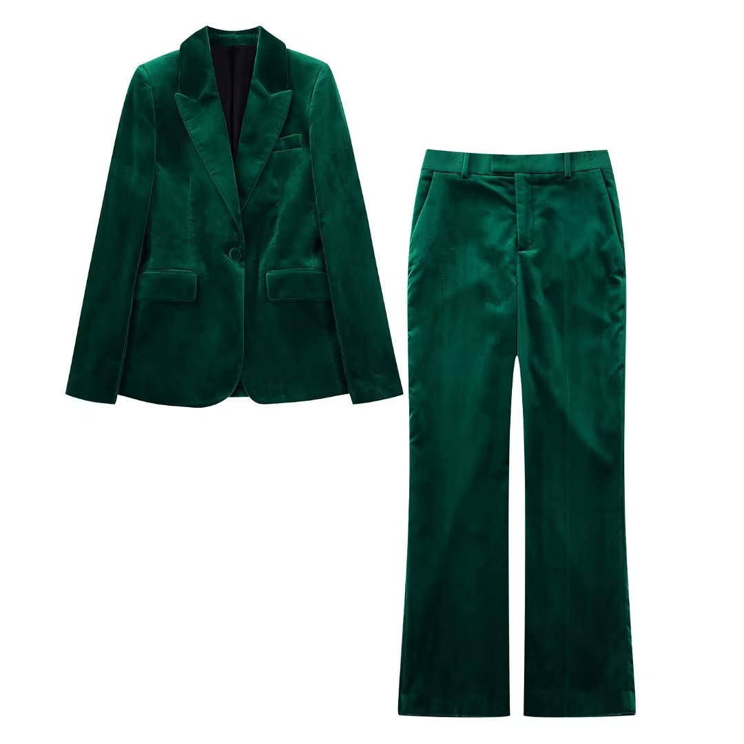 Blazer ajustado de terciopelo verde oscuro negruzco para mujer, pantalones de chándal rectos de cintura alta, traje de otoño e invierno