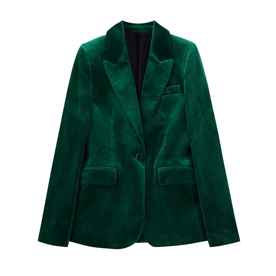 Blazer ajustado de terciopelo verde oscuro negruzco para mujer, pantalones de chándal rectos de cintura alta, traje de otoño e invierno