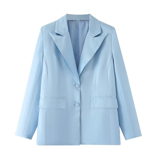 Blazer bleu printemps à col simple boutonnage et manches longues pour femme