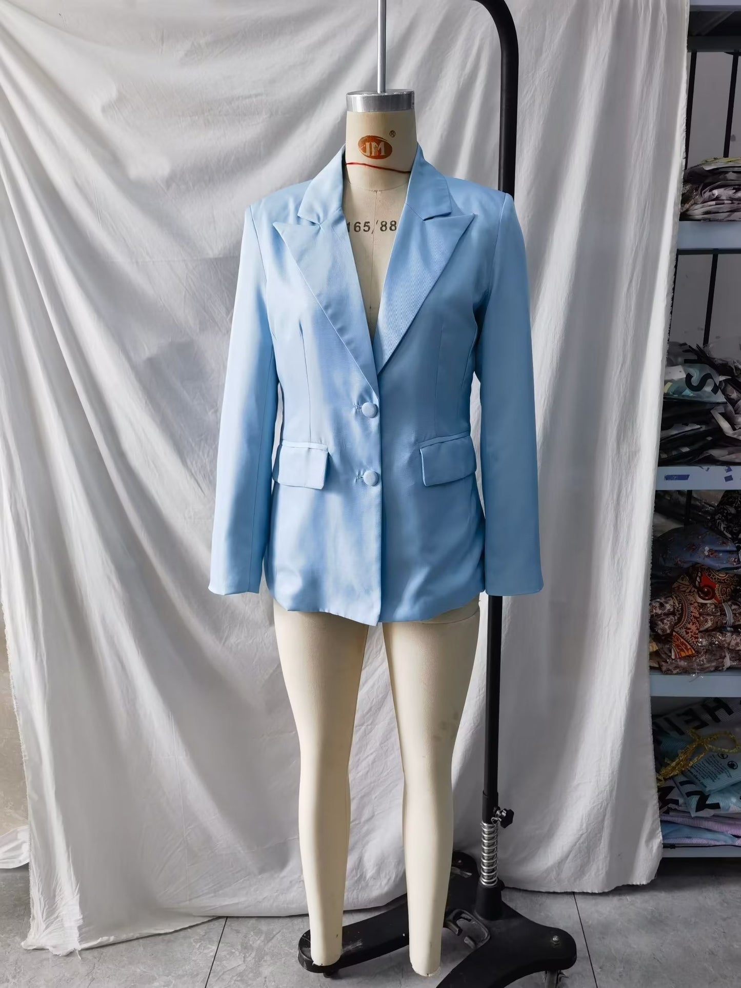 Spring Blue Collared Single Breasted Long Sleeve Blazer Women