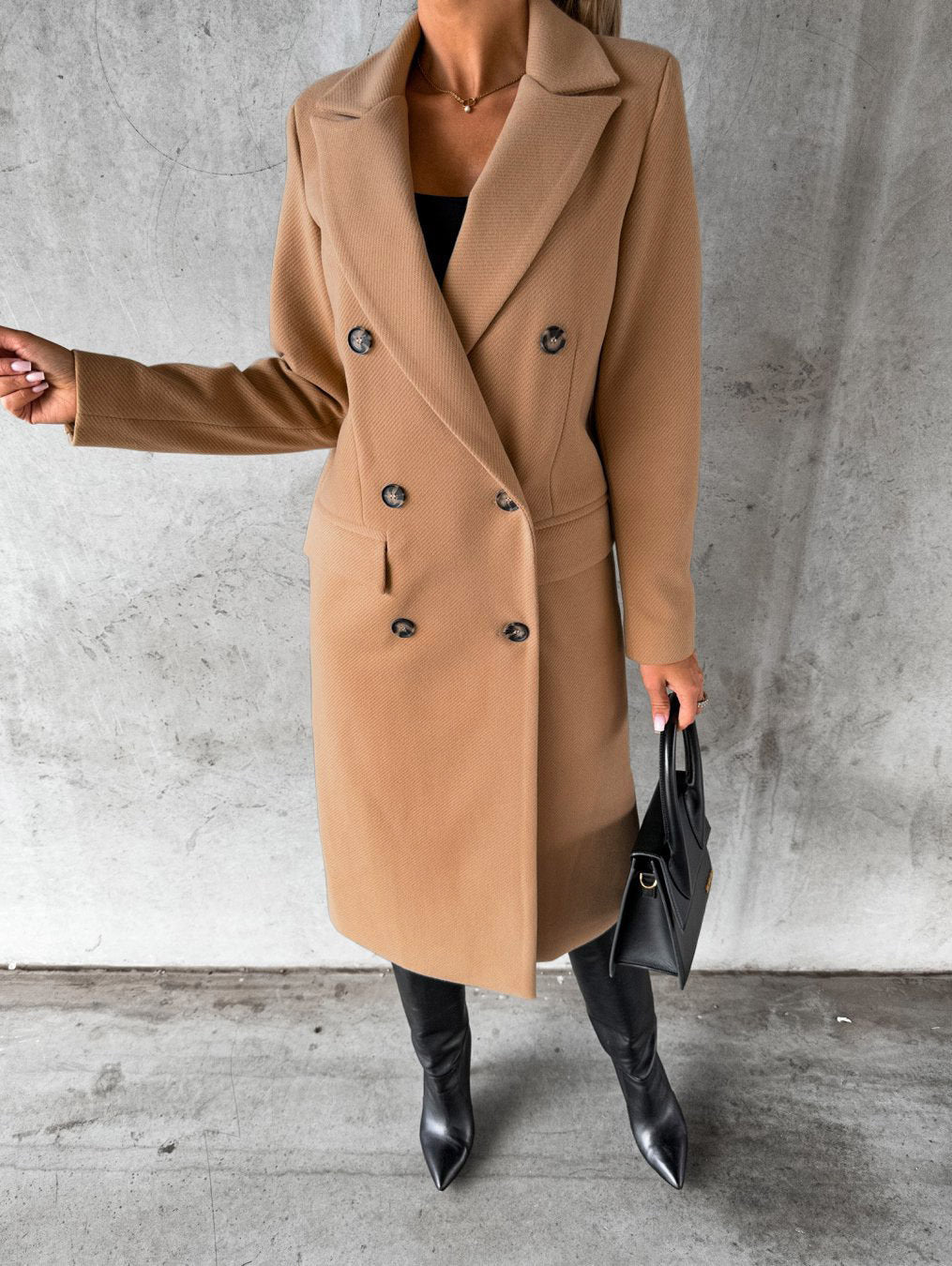 Autumn Winter Women Clothing Long Sleeve Polo Collar Solid Color Double Breasted Slim Coat Woolen Coat