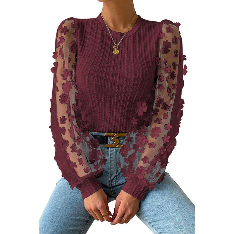 Camisa de gasa con flores pequeñas de malla para mujer Top de manga larga con cuello redondo de verano