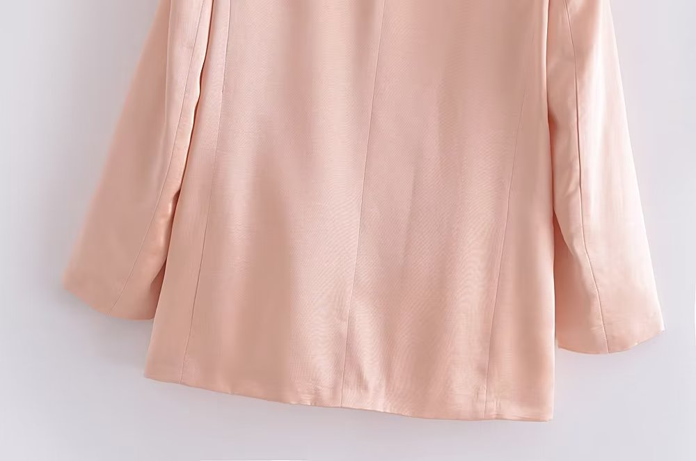 Autumn Simple V neck Long Sleeve Double Breasted Loose Silk Satin Textured Coat Women