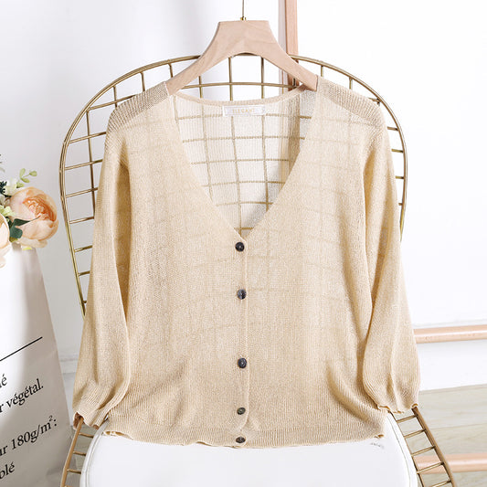 Summer Sun Protection Cardigan Outer Wear Ice Silk Sweater Women Short Ice Linen Shawl Three Quarter Sleeve Air Conditioning Shirt Ultrathin Coat