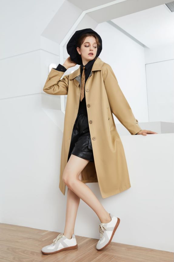 Element automne hiver épais coutures croustillantes Plaid Simple simple boutonnage Long Trench Coat pour les femmes