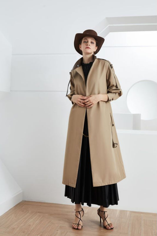 Element Autumn Gracekelly Leather Patchwork Two Color Simple Graceful Elegant Lengthened Trench Coat