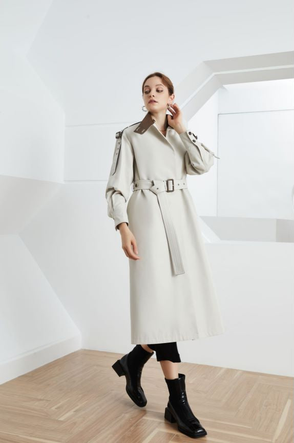 Element Automne Gracekelly Cuir Patchwork Deux Couleurs Simple Gracieux Élégant Trench Allongé