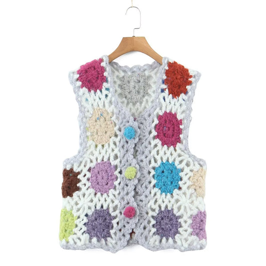 Autumn Tops Handmade Crocheted Cardigan Sweater Artistic Ethnic Contrast Color Loose Single Breasted Vest