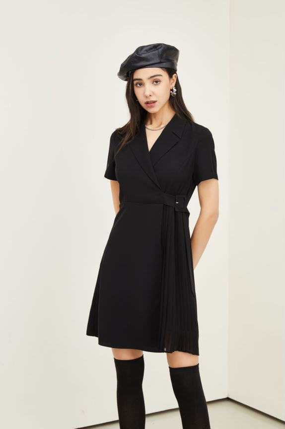 Spring Summer Hepburn Little Black Dress Office Pleated Chiffon Dress for Women