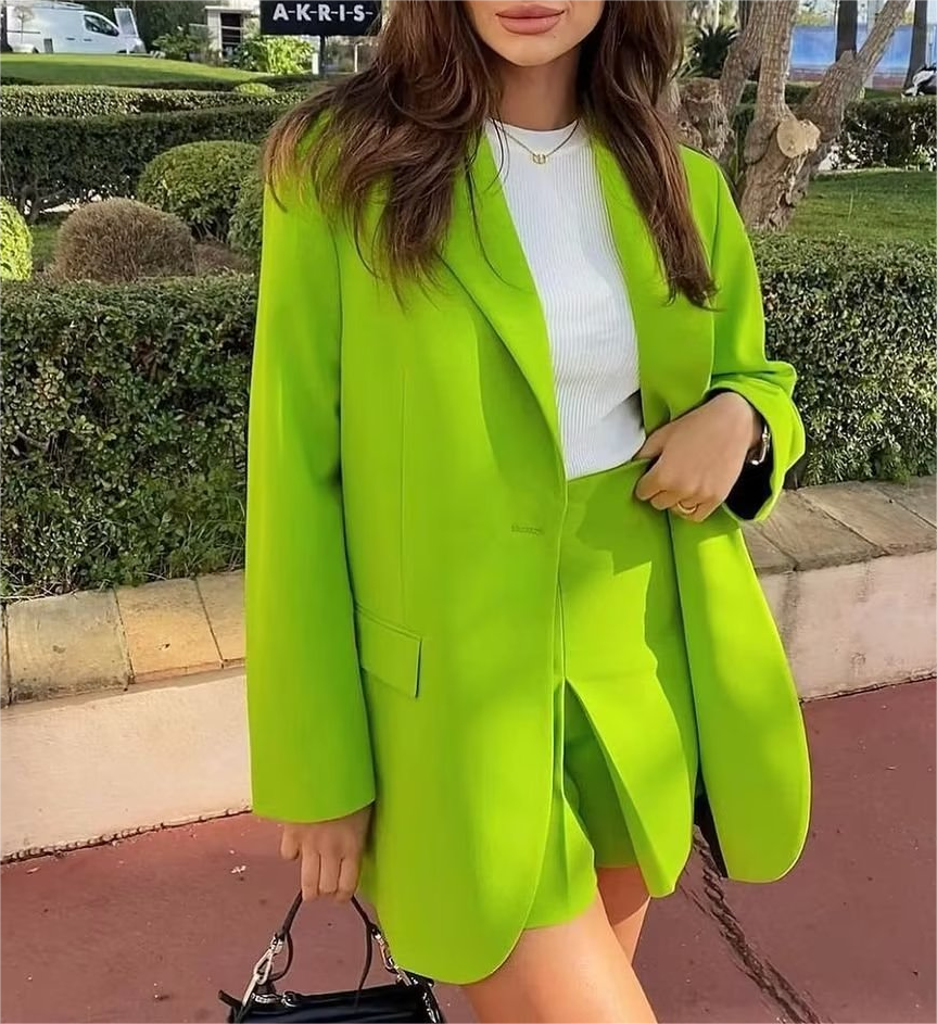 Primavera otoño mujeres ropa de viaje fluorescente verde bolsillo un botón Blazers