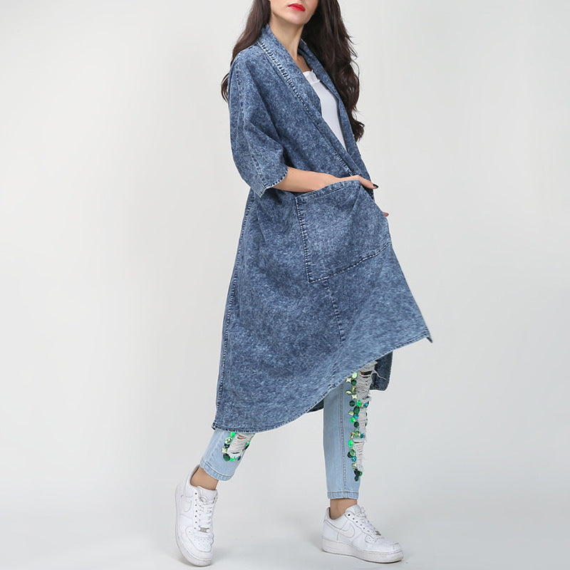 Automne hiver revers lâches demi manches irrégulière ourlet asymétrique Long Denim Trench manteau manteau pour les femmes