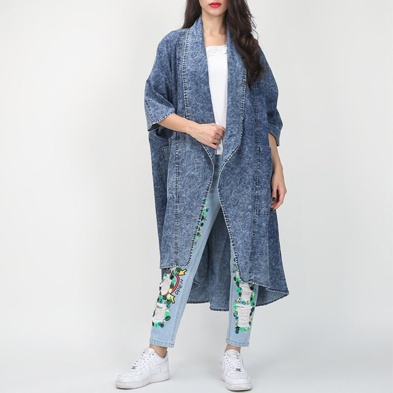 Automne hiver revers lâches demi manches irrégulière ourlet asymétrique Long Denim Trench manteau manteau pour les femmes