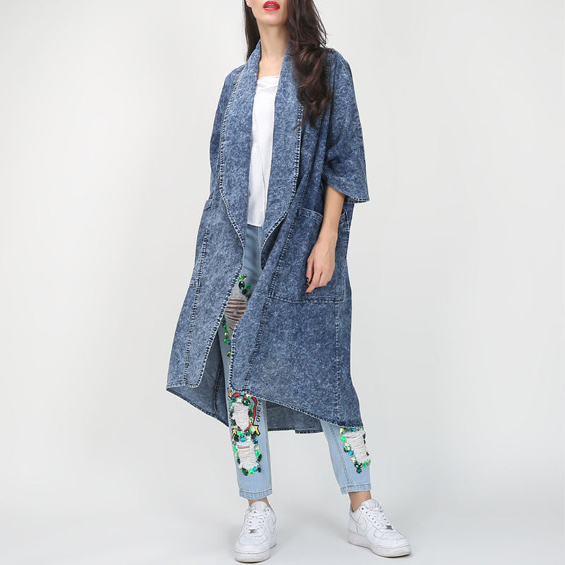 Automne hiver revers lâches demi manches irrégulière ourlet asymétrique Long Denim Trench manteau manteau pour les femmes