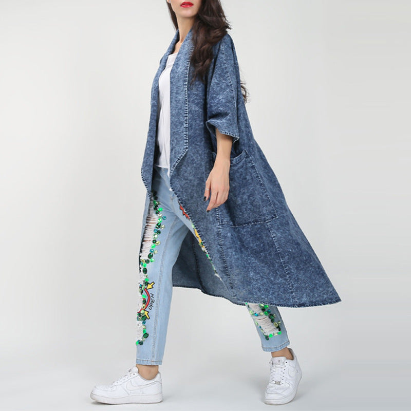 Automne hiver revers lâches demi manches irrégulière ourlet asymétrique Long Denim Trench manteau manteau pour les femmes