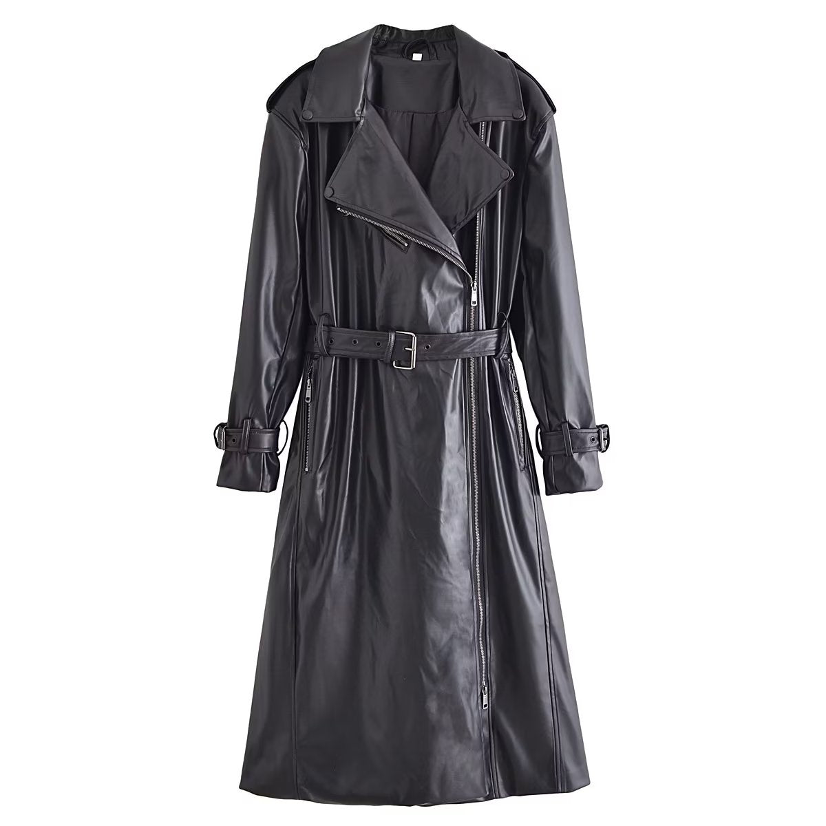 Vêtements d'automne pour femmes avec ceinture, Trench-Coat en simili cuir noir