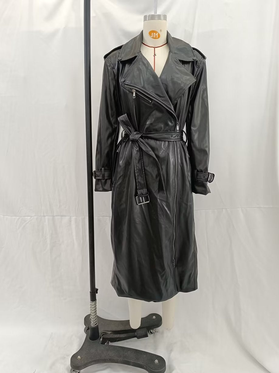 Vêtements d'automne pour femmes avec ceinture, Trench-Coat en simili cuir noir