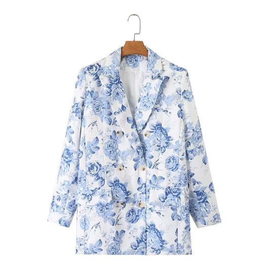 Spring Women Clothing All Matching Blue White Porcelain Printed Casual Waist Tight Slimming Blazer