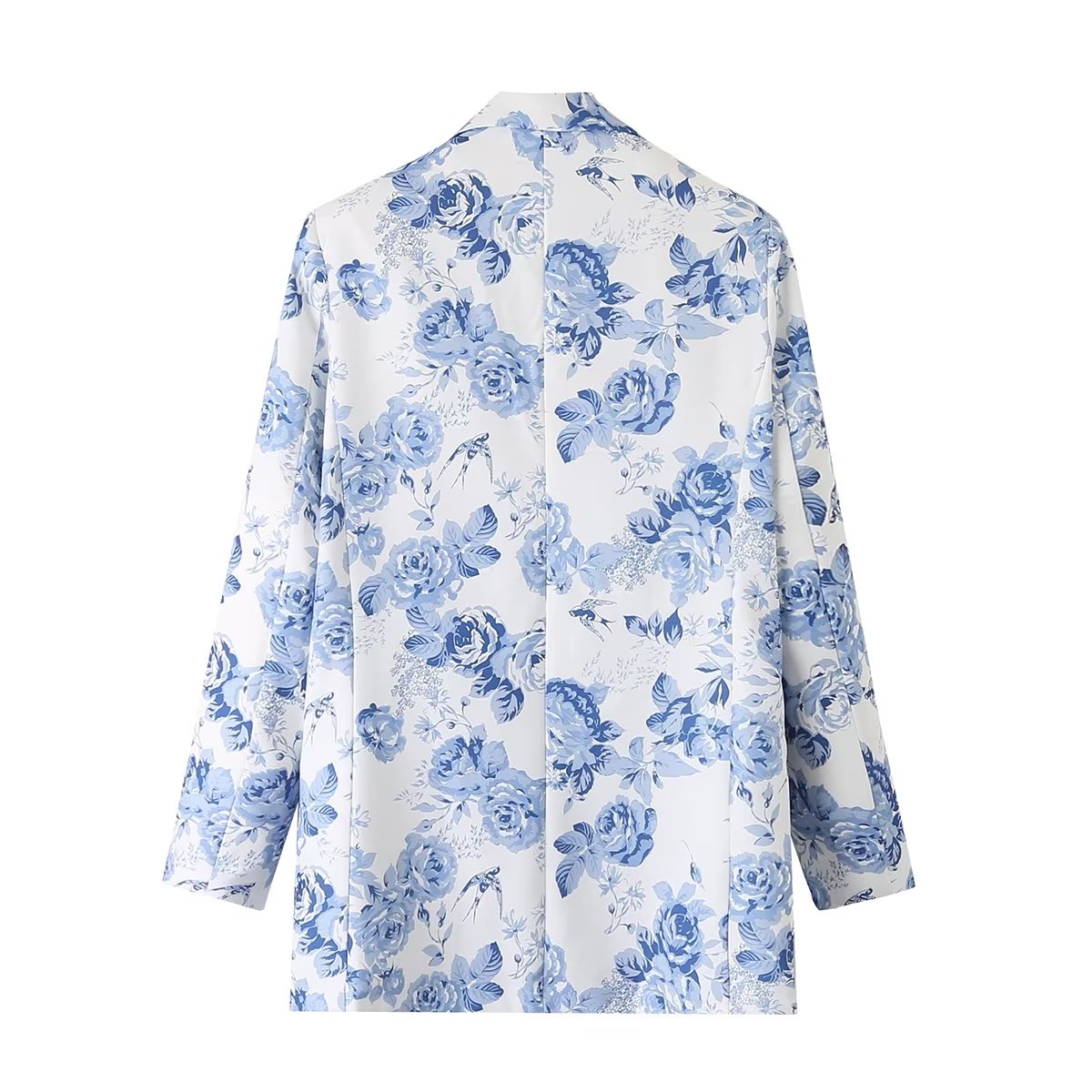 Spring Women Clothing All Matching Blue White Porcelain Printed Casual Waist Tight Slimming Blazer