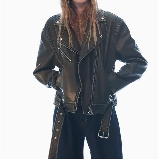 Spring Autumn Retro Loose Faux Leather Motorcycle Jacket Coat Women