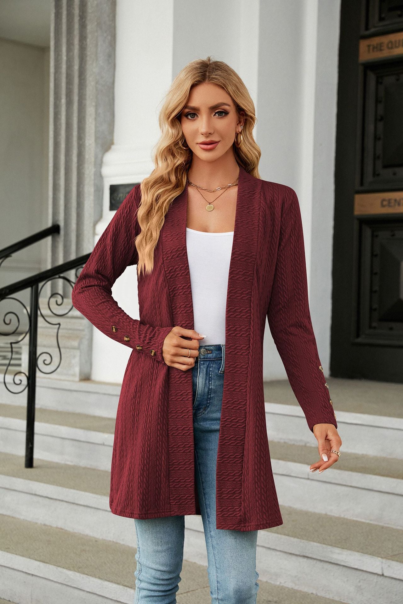 Otoño Invierno Color Sólido Botones Manga Larga Suelta Cardigan Abrigo Mujer Ropa