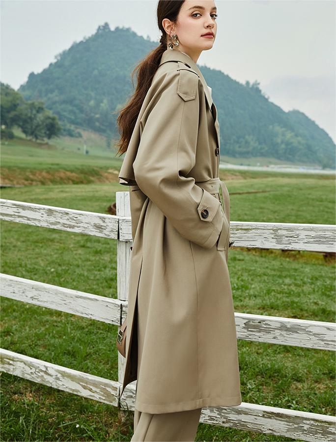 Element automne britannique rétro Double boutonnage sur le genou allongé Trench manteau pour les femmes manteau