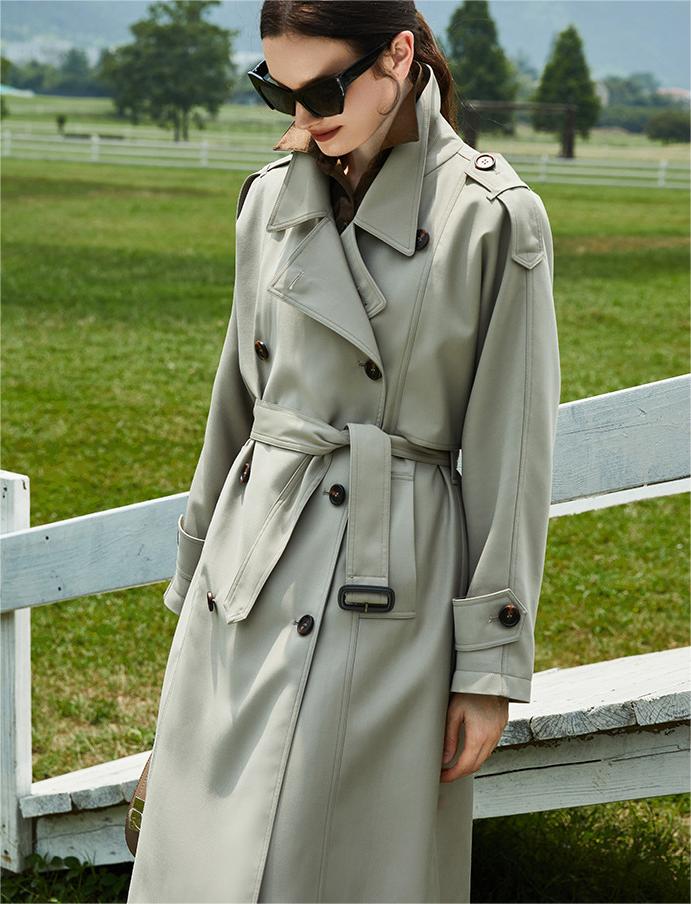 Element automne britannique rétro Double boutonnage sur le genou allongé Trench manteau pour les femmes manteau