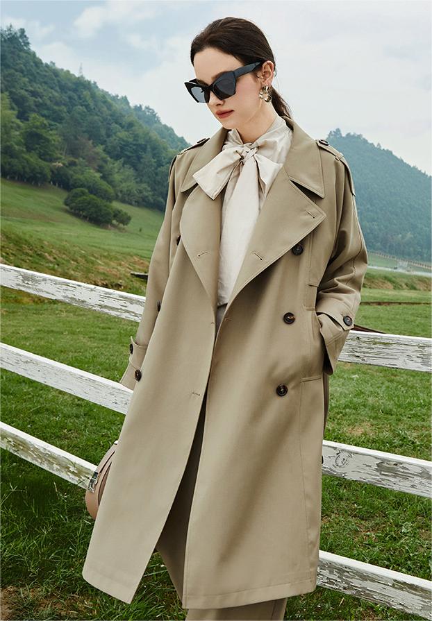 Element automne britannique rétro Double boutonnage sur le genou allongé Trench manteau pour les femmes manteau