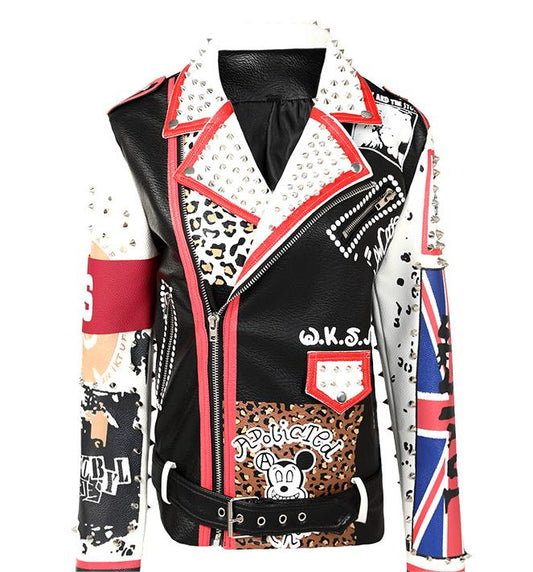 Graffiti Printing Leather Coat Motorcycle Clothing Heavy Rivets Punk Leather Jacket