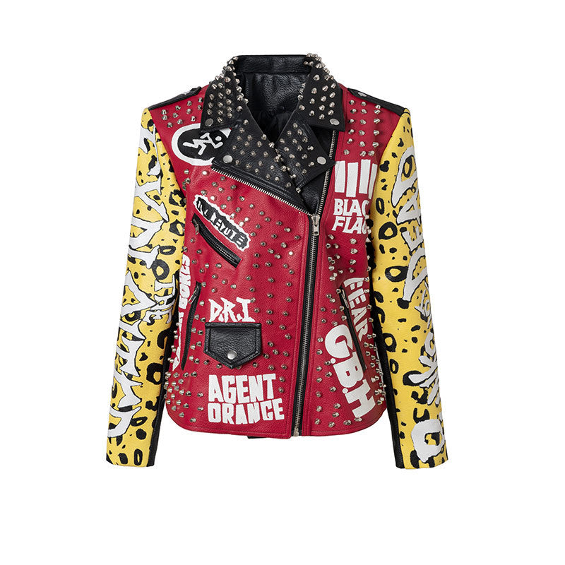 Graffiti Printing Leather Rivet Heavy Industry Biker Leather Jacket Coat