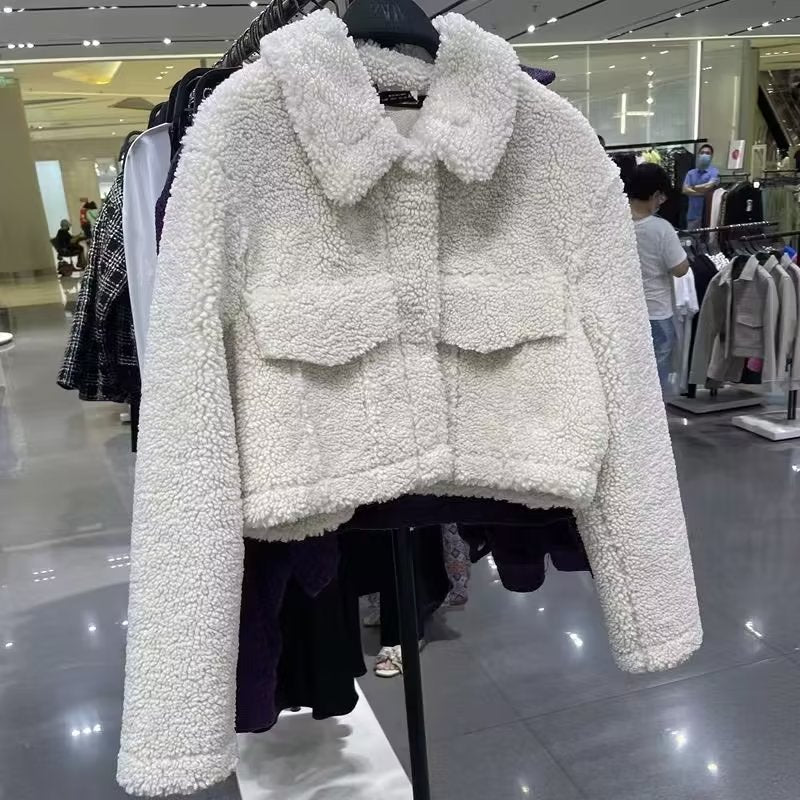 Chaqueta cálida de lana de otoño e invierno, abrigo con cuello corto, parte superior de imitación de lana de cordero, ropa informal para mujer