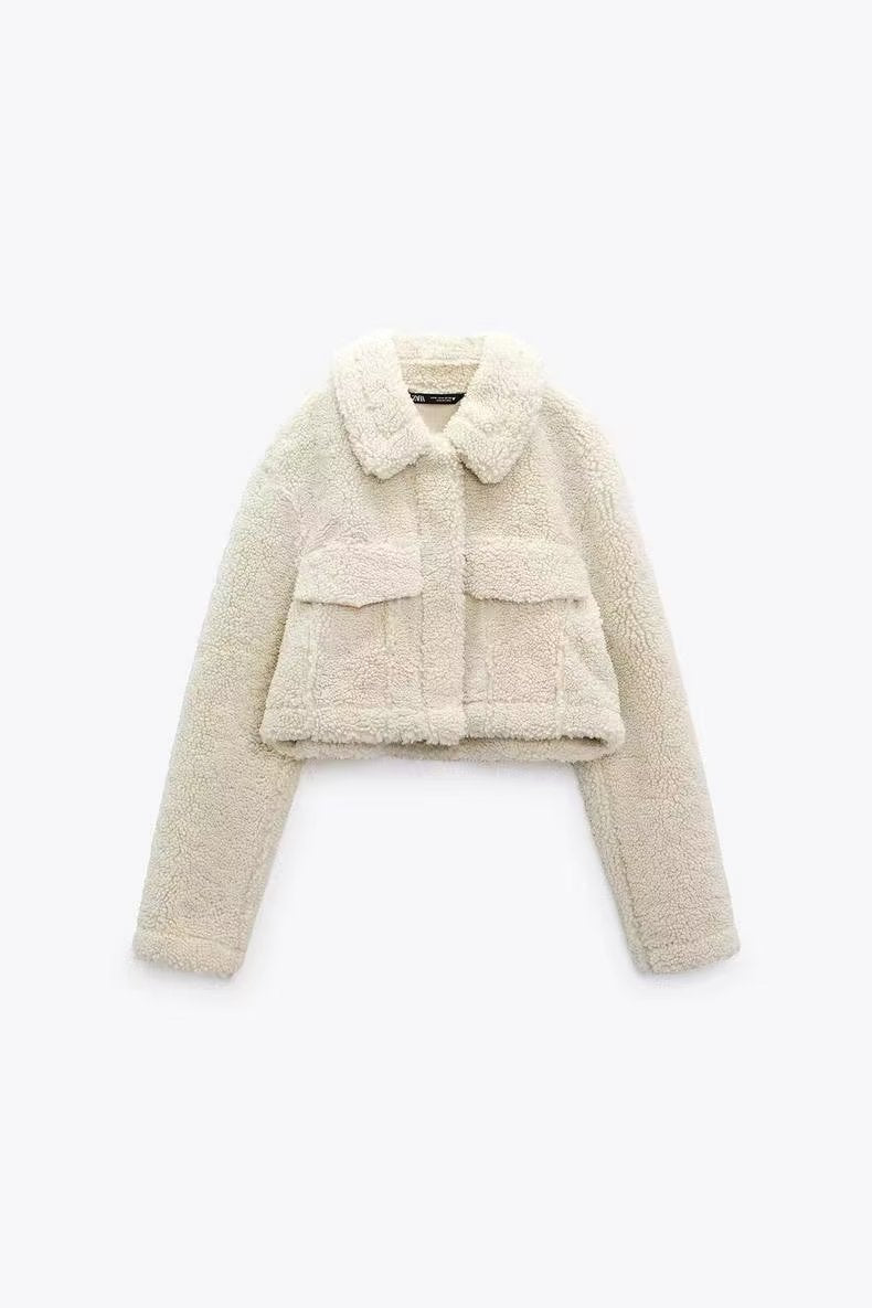 Chaqueta cálida de lana de otoño e invierno, abrigo con cuello corto, parte superior de imitación de lana de cordero, ropa informal para mujer