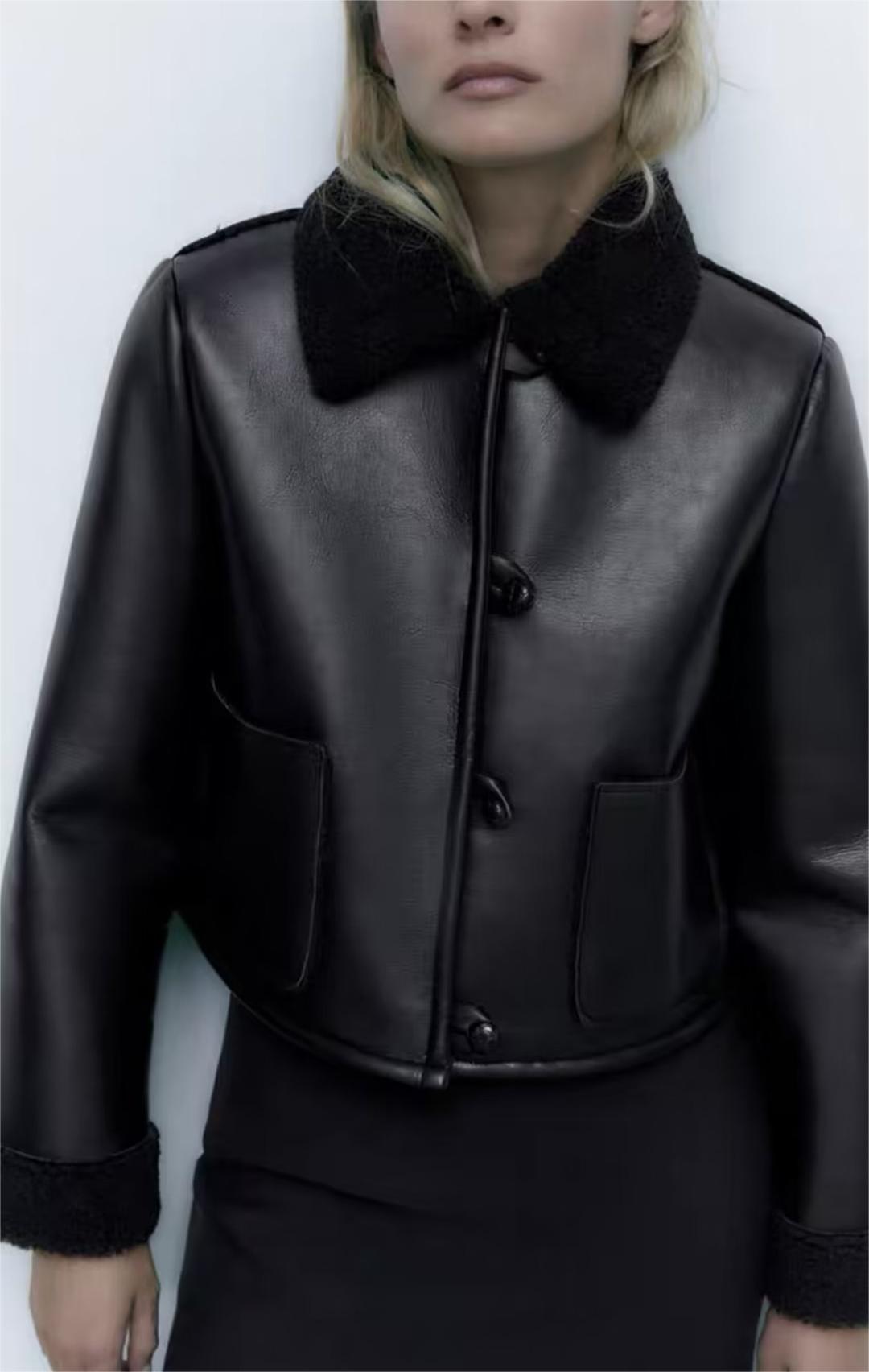 Manteau en cuir avec boucle d'anneau pour femme, noir, court