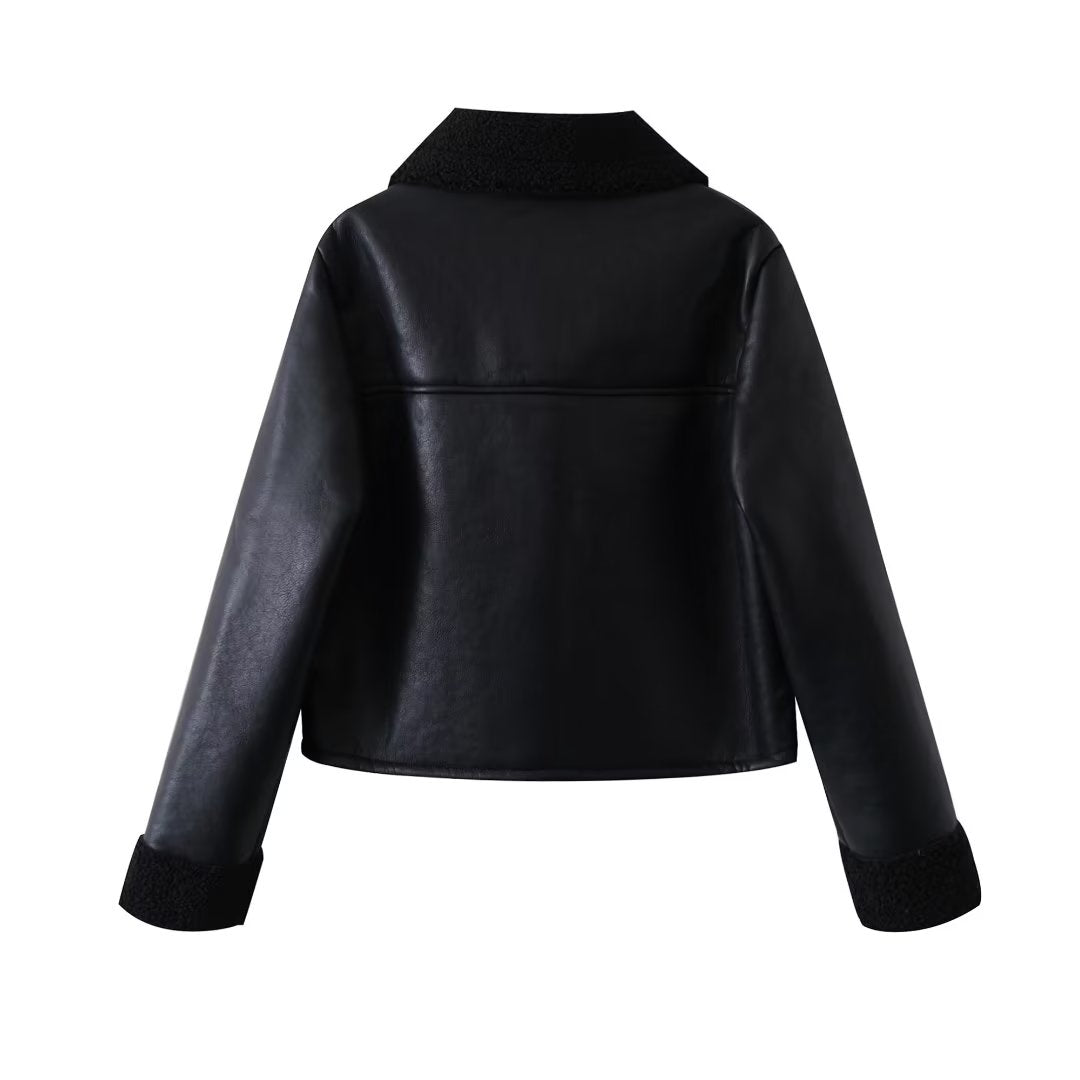 Manteau en cuir avec boucle d'anneau pour femme, noir, court